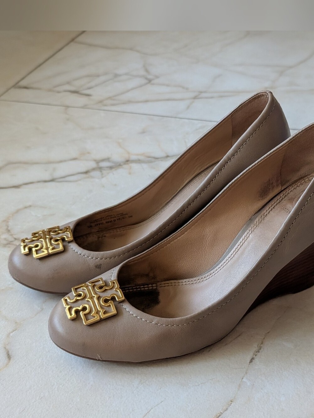 Tory Burch | Taupe Gray Leather Melinda Wedge Pumps
